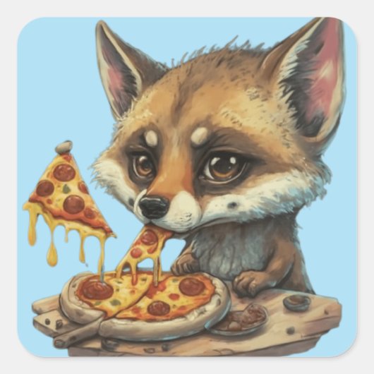 Schattigee grappige dieren eten een pizza grappige vierkante sticker (Voorkant)