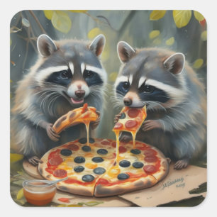 Schattigee grappige dieren eten een pizza grappige vierkante sticker