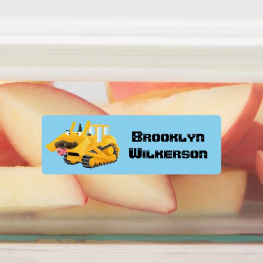 Schattigee grappige gele bulldozer cartoon geperso labels (Aangebracht)