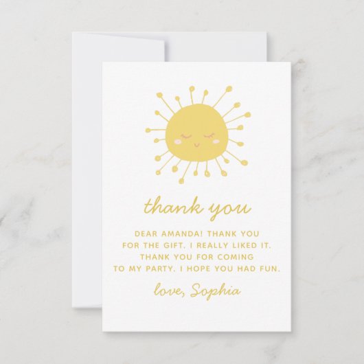 Schattigee grappige gele zon. Sunshine kids verjaa Bedankkaart (Voorkant)