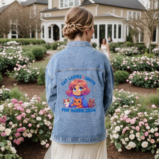 Schattigee Grappige Girly Kinderloze Cat Lady Unit Denim Jacket (Huwelijk Achterkant)