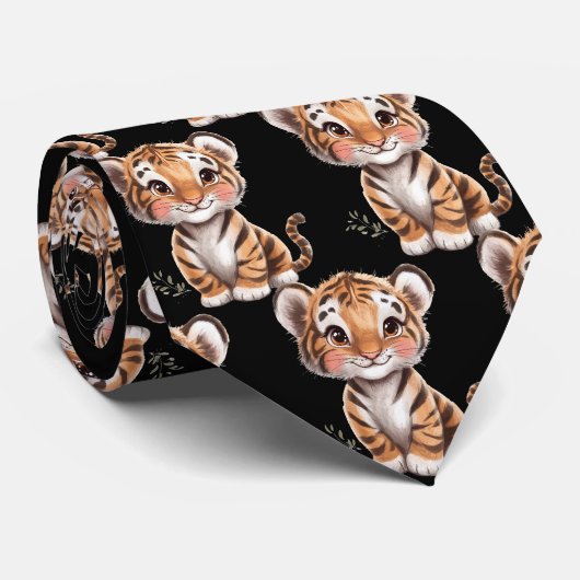 Schattigee Grappige Glimlachende Tijger Zwarte Str Stropdas (Opgerold)