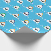 Schattigee grappige haaien in felle kleuren op lic cadeaupapier (Hoek)