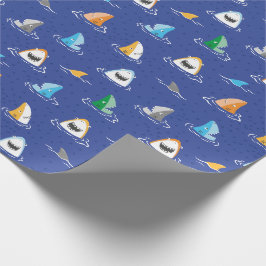 Schattigee grappige haaien op blauw cadeaupapier