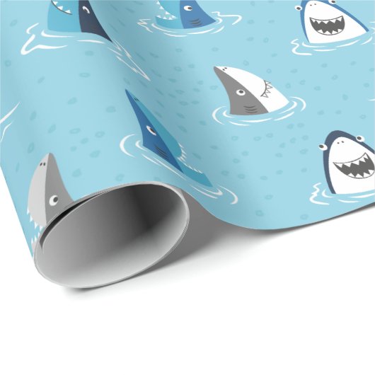 Schattigee grappige haaien op lichtblauw cadeaupapier (Rol Hoek)