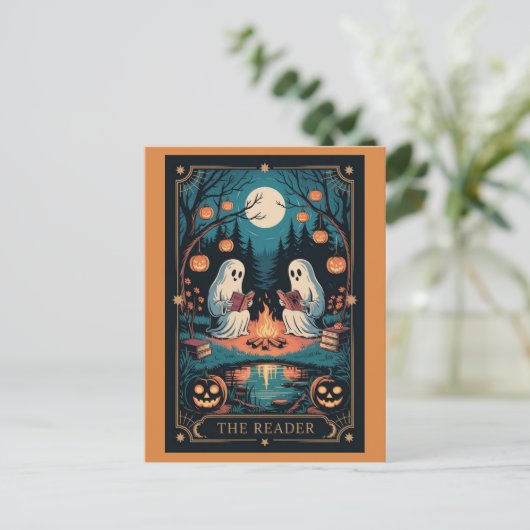 Schattigee Grappige Herfst Halloween Tarot Ghost L Briefkaart (Staand voorkant)