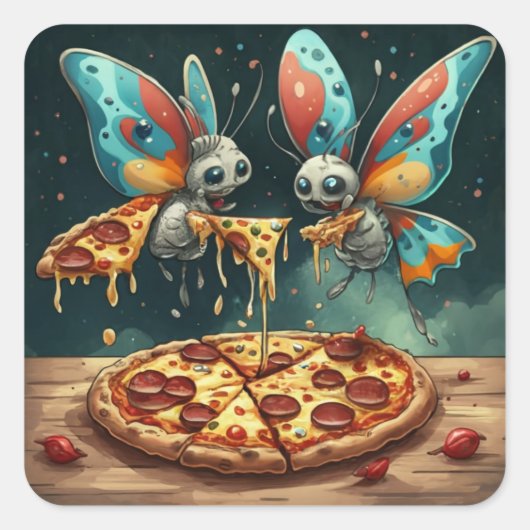 Schattigee grappige insecten eten een pizza grappi vierkante sticker (Voorkant)