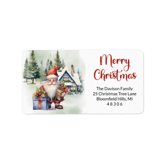 Schattigee grappige kabouter in winterdorp met ges etiket (Voorkant)