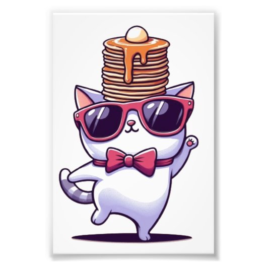 Schattigee grappige kat balancing pannenkoek stack foto afdruk (Voorkant)