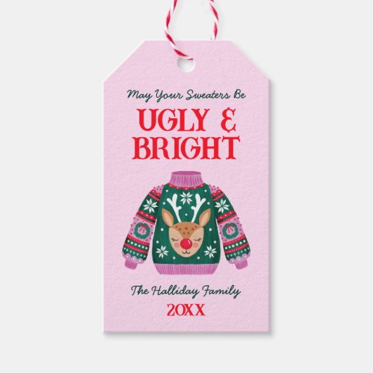 Schattigee Grappige Lelijke Trui Rendier Familie F Cadeaulabel (Voorkant)
