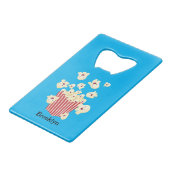 Schattigee grappige springen popcorn cartoon creditkaart flessenopener (Voorkant Gekanteld)