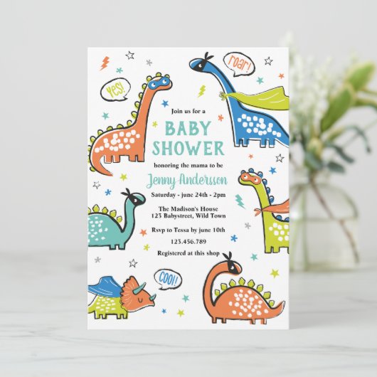 Schattigee grappige superheld dinosaurussen op wit kaart (Staand voorkant)