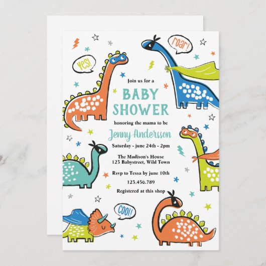 Schattigee grappige superheld dinosaurussen op wit kaart (Voorkant / Achterkant)