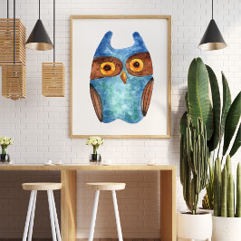 Schattigee grappige waterverf uil blauw bruin poster