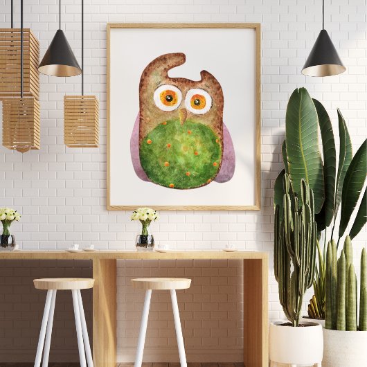 Schattigee grappige waterverf uil groen bruin poster
