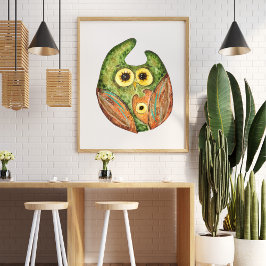 Schattigee grappige waterverf uil groen sinaasappe poster