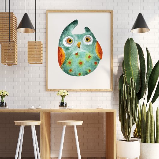 Schattigee grappige waterverf uil groen sinaasappe poster