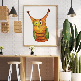 Schattigee grappige waterverf uil groen sinaasappe poster