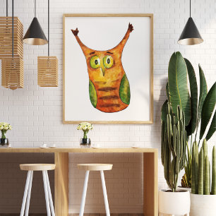 Schattigee grappige waterverf uil groen sinaasappe poster