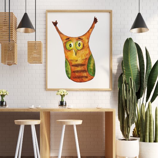 Schattigee grappige waterverf uil groen sinaasappe poster