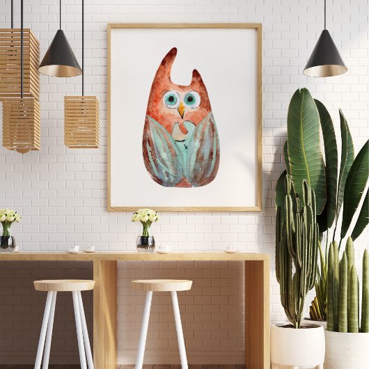 Schattigee grappige waterverf uil groen sinaasappe poster