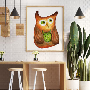 Schattigee grappige waterverf uil illustratie deco poster