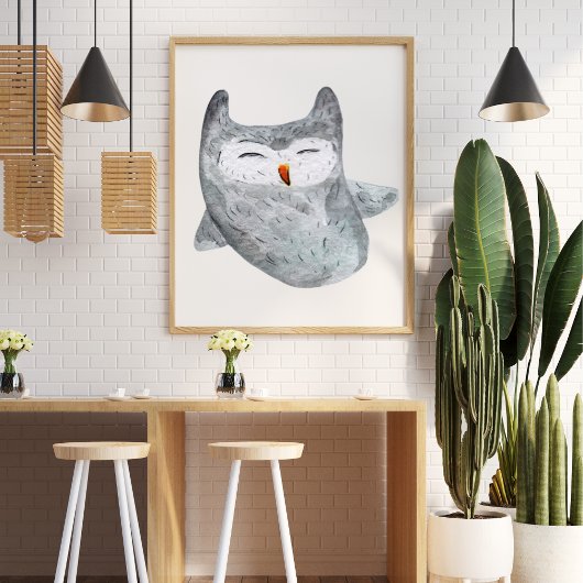 Schattigee grappige waterverf uil illustratie deco poster
