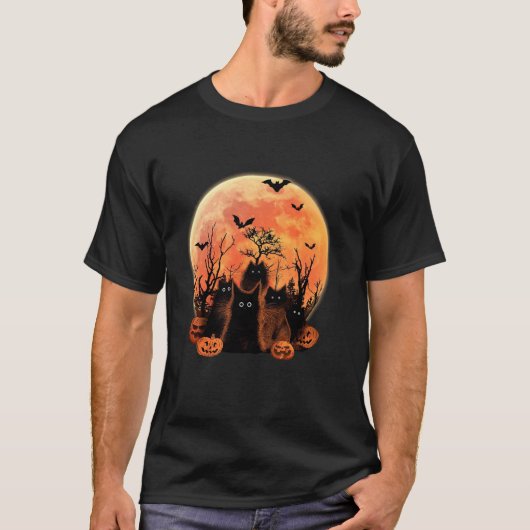Schattigee Grappige Zwarte Kat en Bloed Maan Nacht T-shirt (Voorkant)