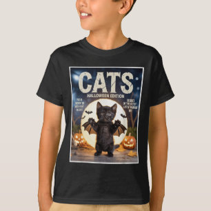 Schattigee grappige zwarte kat in vleermuiskostuum t-shirt