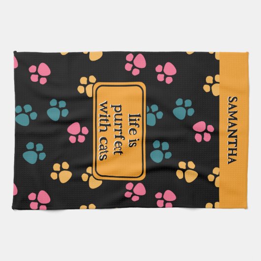 Schattigee grappige zwarte kattenpoot theedoek (Horizontaal)