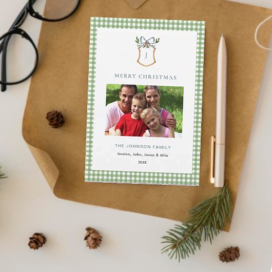 Schattigee Green Gingham Plaid Monogrammed Christm Feestdagenkaart