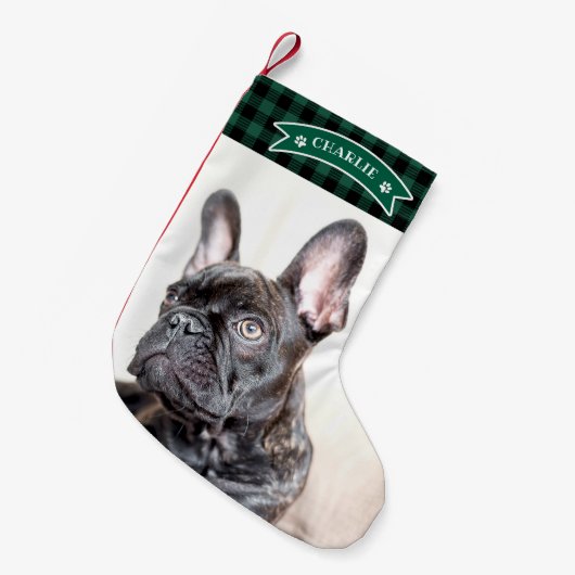 Schattigee Green Plaid Feestelijke Custom Photo Pe Kleine Kerstsok (Voorkant (Hangend))