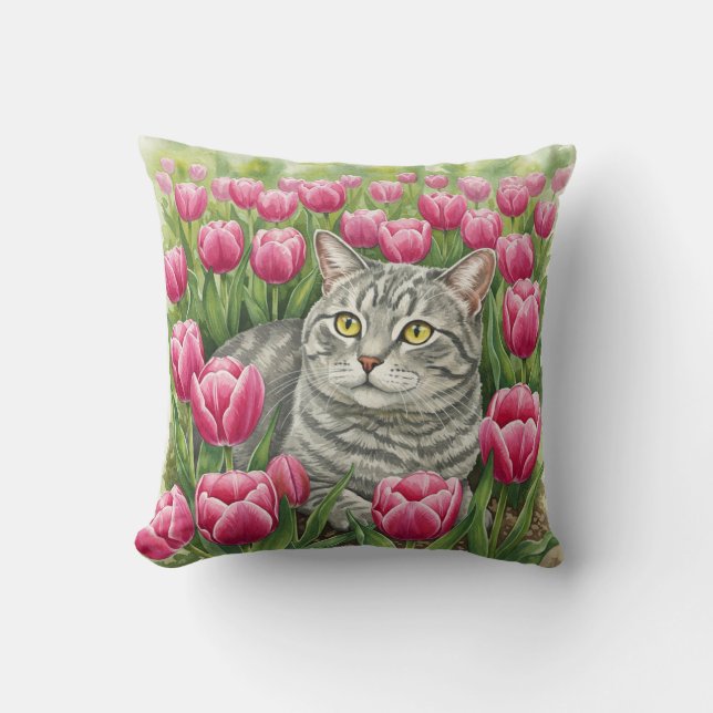Schattigee Grey Cat Tulpen Spring Pillow Kussen (Voorkant)
