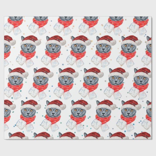 Schattigee Grey Cat Waterverf met Scarf Santa Hat Cadeaupapier (Vlak)