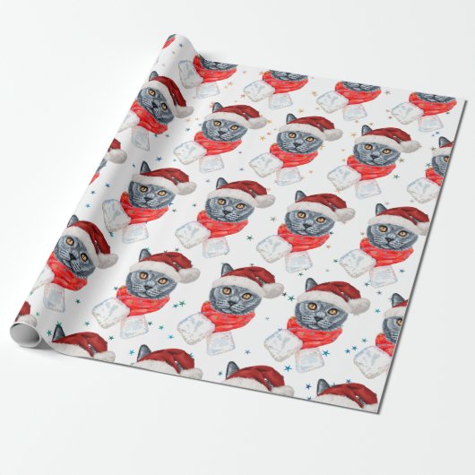 Schattigee Grey Cat Waterverf met Scarf Santa Hat Cadeaupapier (Uitgerold)