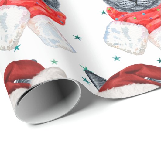 Schattigee Grey Cat Waterverf met Scarf Santa Hat Cadeaupapier (Rol Hoek)