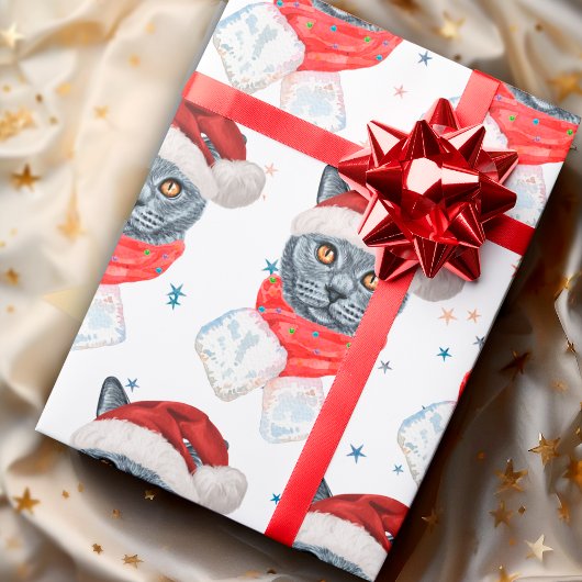 Schattigee Grey Cat Waterverf met Scarf Santa Hat Cadeaupapier
