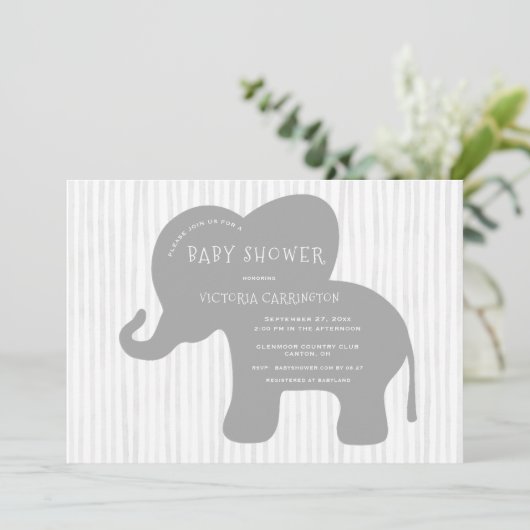 Schattigee Grey Elephant Stripe Baby shower Kaart (Staand voorkant)