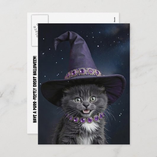 Schattigee Grey Kitten Kat met Hekserij Pet Hallow Feestdagenkaart (Voorkant / Achterkant)