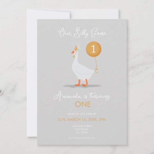 Schattigee Grijs en Geel Gekke Gans 1e Verjaardag Kaart (Voorkant)