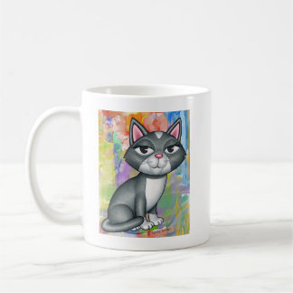 Schattigee Grijs en Witte Kat met Drippy Verfkleur Koffiemok