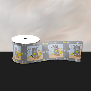 Schattigee grijze cartoon muis die kaaslint eet satijnen lint