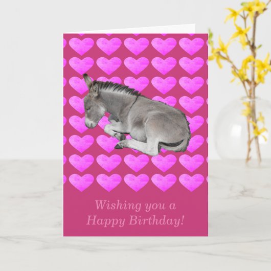 Schattigee grijze ezel op roze harten verjaardag kaart (Gele Bloem)