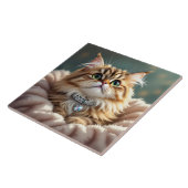 Schattigee Grijze Fluffy Tabby Cat met Diamond Col Tegeltje (Zijkant)