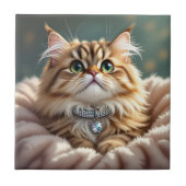 Schattigee Grijze Fluffy Tabby Cat met Diamond Col Tegeltje (Voorkant)