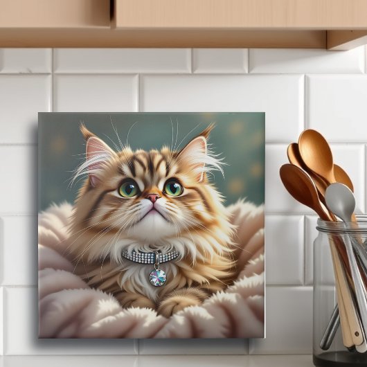 Schattigee Grijze Fluffy Tabby Cat met Diamond Col Tegeltje