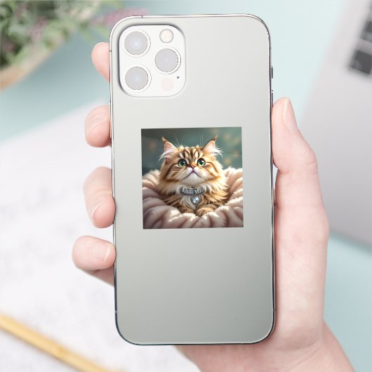 Schattigee Grijze Fluffy Tabby Cat Sticker (Telefoon)