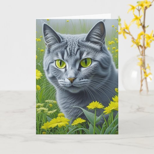Schattigee grijze kat | Gelukkig dat je een vriend Kaart (Gele Bloem)