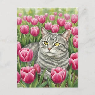 Schattigee Grijze Kat in Tulpen Briefkaart