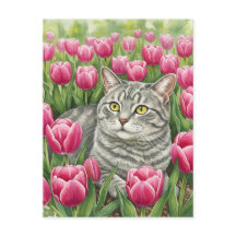 Schattigee Grijze Kat in Tulpen Briefkaart